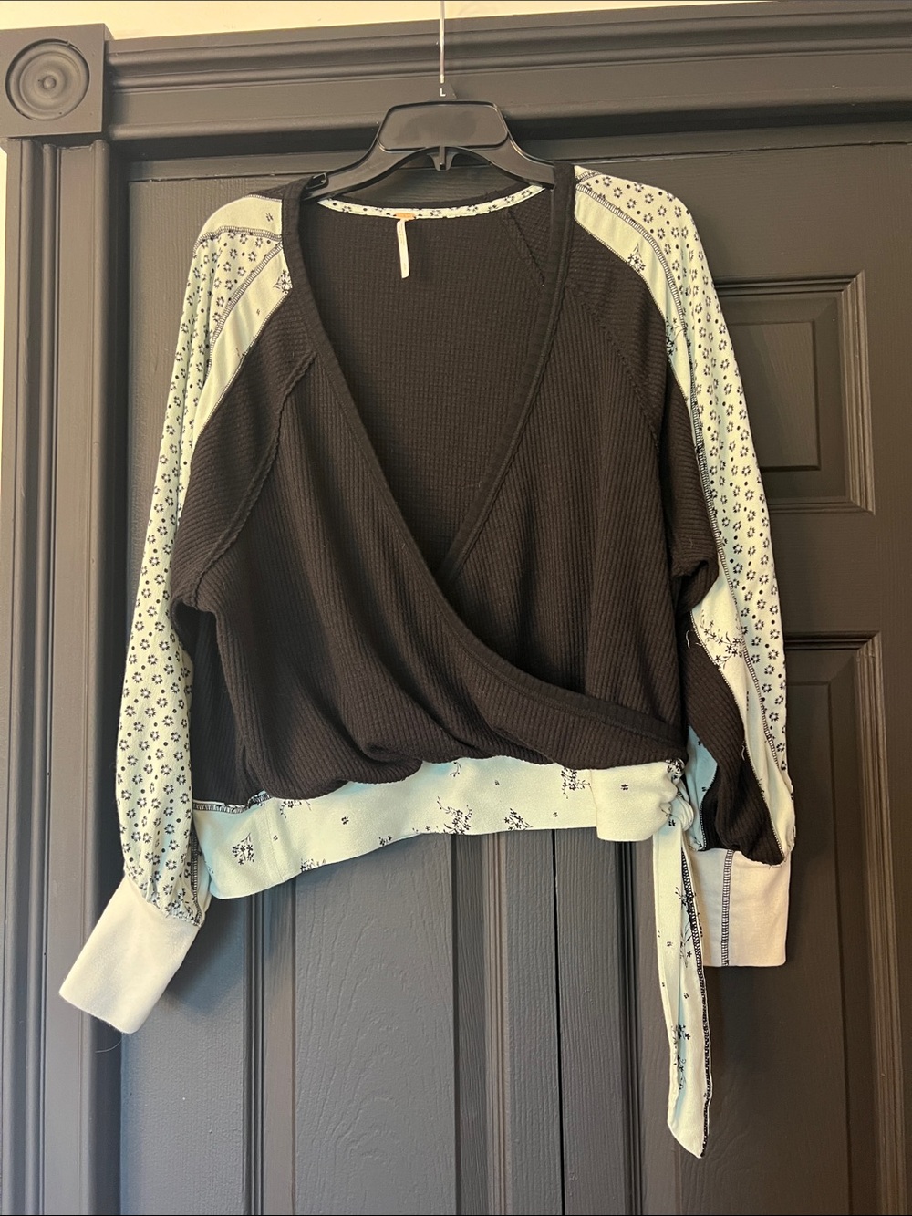 Free People Black Wrap Sweater with Light green Printed Sleeves